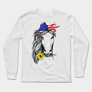 Horse Bandana Farm Animal Lover American 4th Of July Long Sleeve T-Shirt